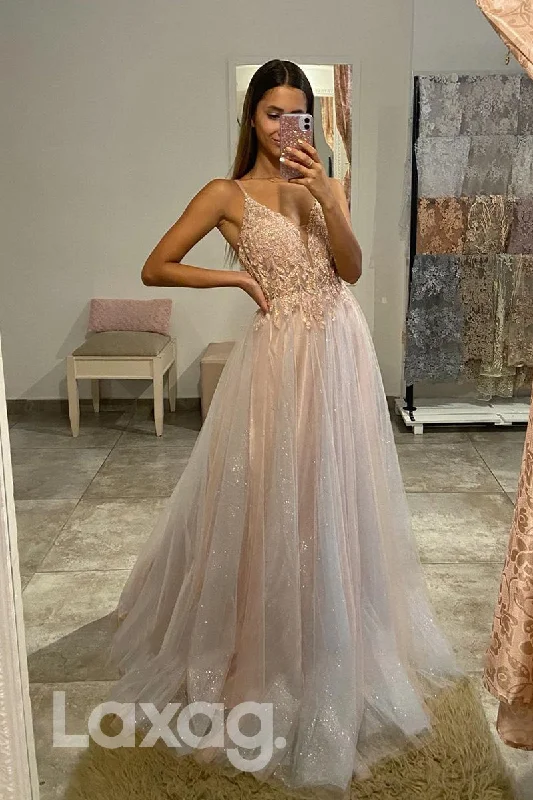 Quick Sale 17797 - Women's Spaghetti Straps Applique Long Prom Dress