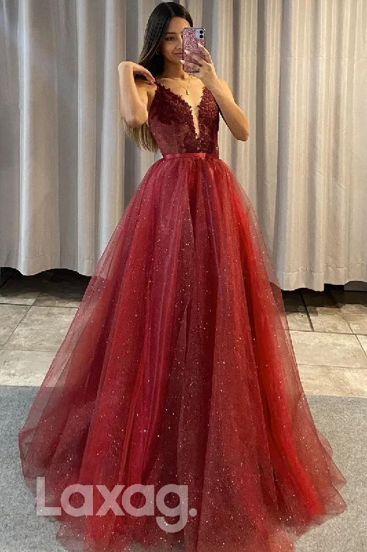 One-DAY Sale 17788 - Plunging V-Neck Lace Applique Long Prom Dress with Detachable Skirt