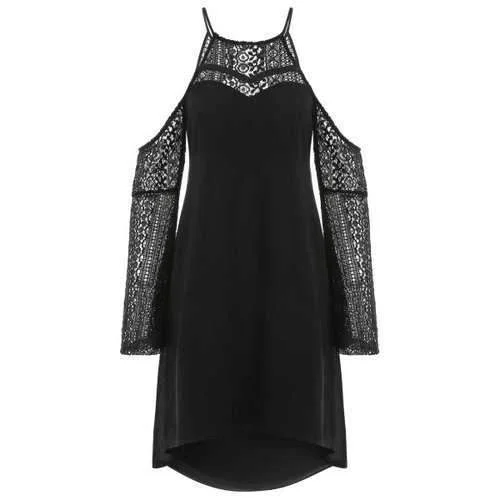 Midnight Sale Open Shoulder Lace Sleeve Shift Dress - Black M