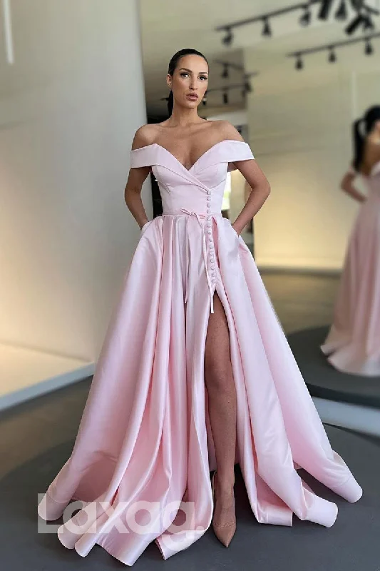 Price Break 17735 - A-line Off-the-Shoulder Split Long Prom Dress with Pockets