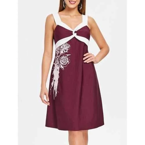 Price Slash Color Block Rose Pattern Dress - Red Wine S