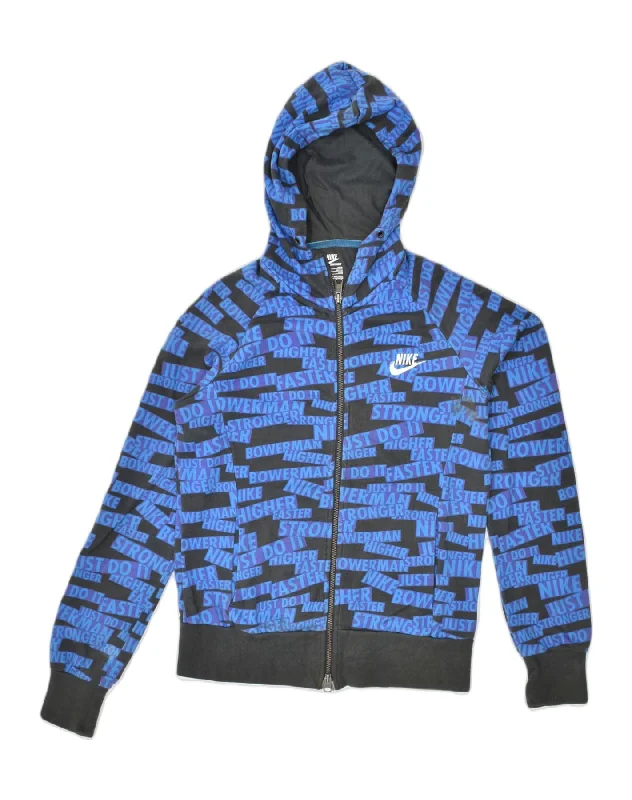 Don't Wait NIKE Womens Graphic Zip Hoodie Sweater UK 10/12 Medium Navy Blue Cotton