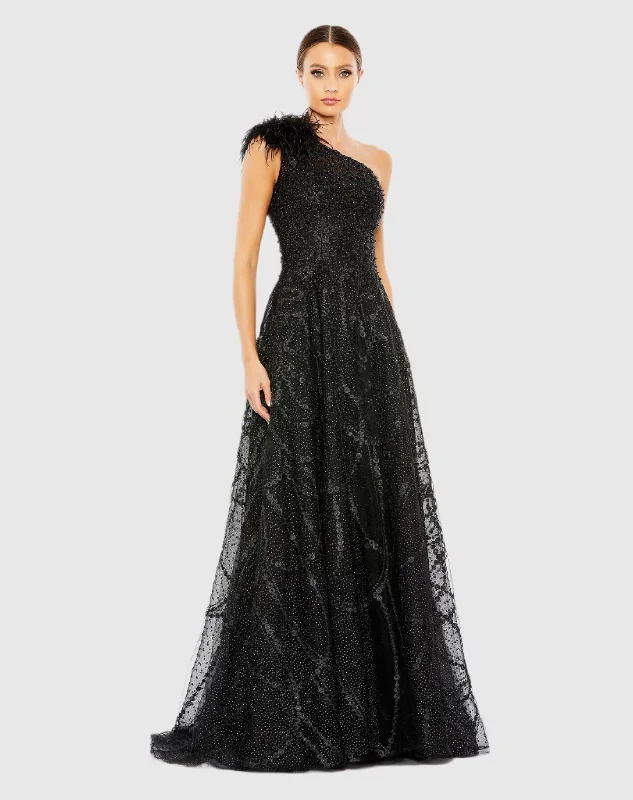 New Arrival Black Embellished One Shoulder A Line Gown