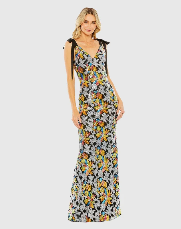 Price Cut Embellished Bow Strap V Neck Column Gown