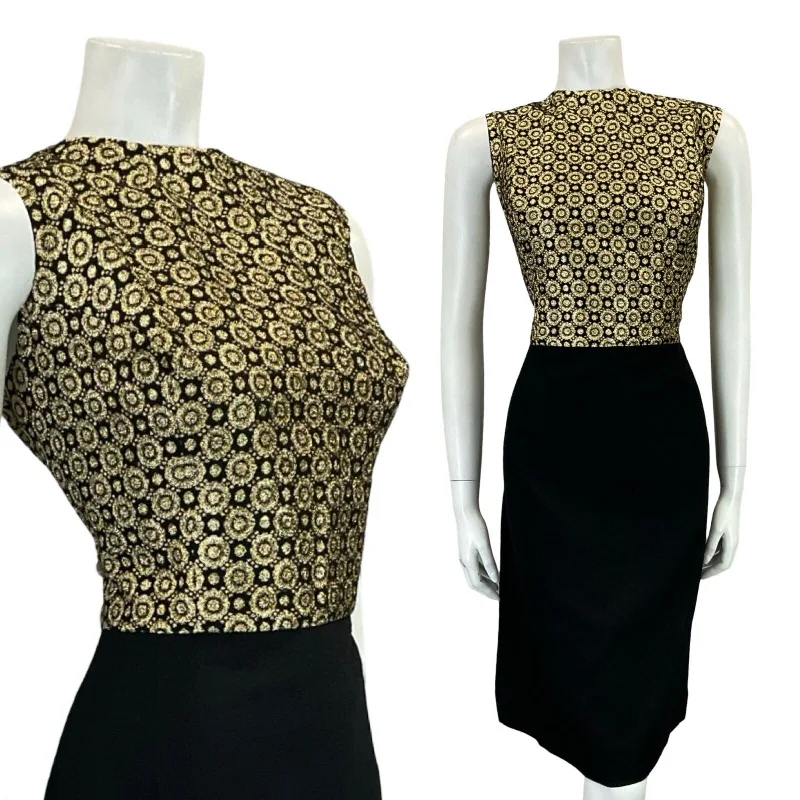 Steals and Deals VTG 60S MOD BLACK GOLD FLORAL LUREX BROCADE PARTY SLEEVELESS MINI DRESS 16