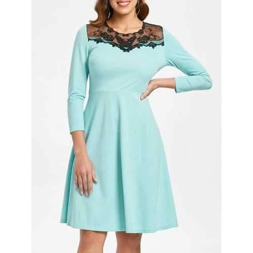 Members Only Mesh Insert Butterfly Embroidered Flare Dress - Coral Blue S