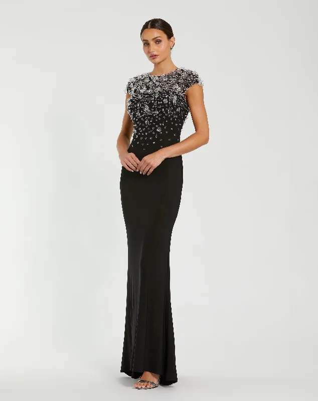 Overstock Sale Crystal Embellished Jersey Fitted Cap Sleeve Gown