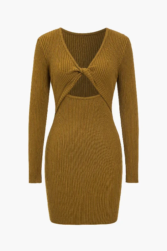Overstock Knit Cut Out Twist Knot V-Neck Long Sleeve Dress