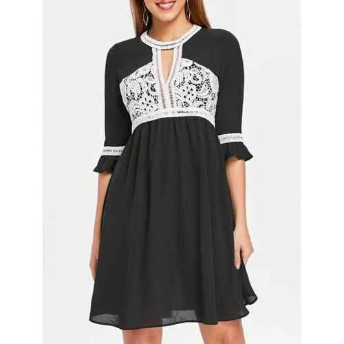 Anniversary Sale Two Tone Lace Trim Casual Dress - Black S