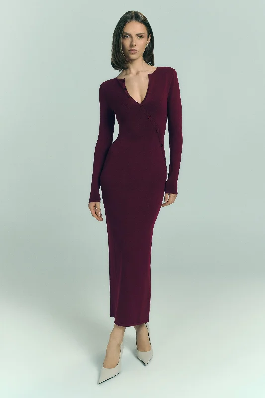 Savings Galore Maria Long Sleeve Buttoned Knit Maxi Dress - Plum