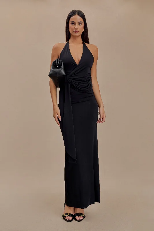 Year-End Clearance Tyla Draped Slinky Halter Maxi Dress - Black