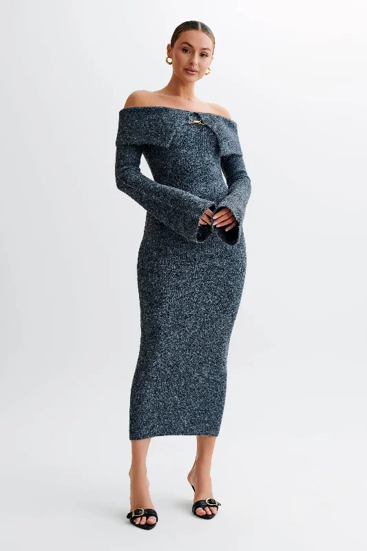 Major Savings Baxter Off Shoulder Fluffy Knit Midi Dress - Charcoal
