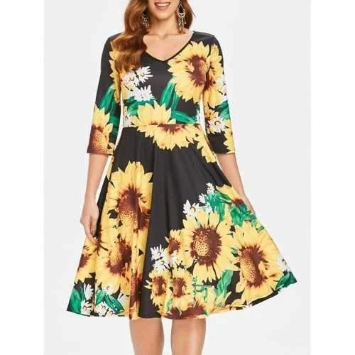 Price Fest Sunflower Print Fit and Flare Dress - Black M