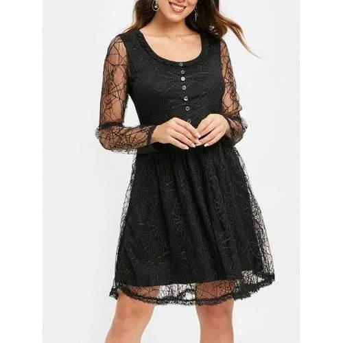 Huge Discounts Full Sleeve Spider Web Lace Flare Dress - Black M