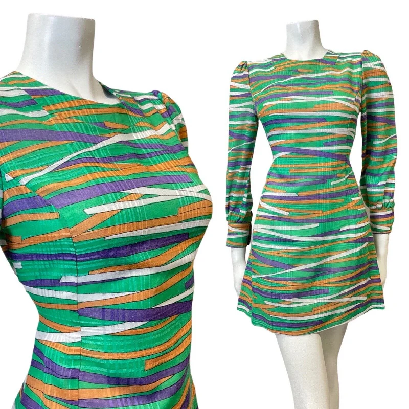One-DAY Sale VINTAGE 60s 90s GREEN PURPLE ORANGE STRIPED LONGSLEEVE MOD MINI DRESS 8 10