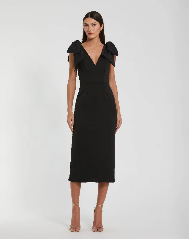 Sneak Peek Sale Bow Strap Crepe Fitted Midi Dress