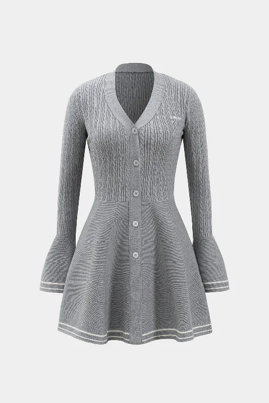 Warehouse Sale Knitted Button V-Neck Bell Sleeve Long Sleeve Sweater Dress