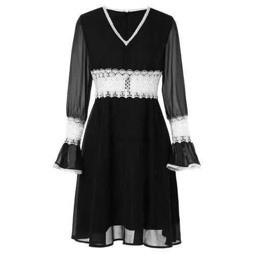 Mega Sale Contrast Lace Insert  Chiffon Dress - Black M
