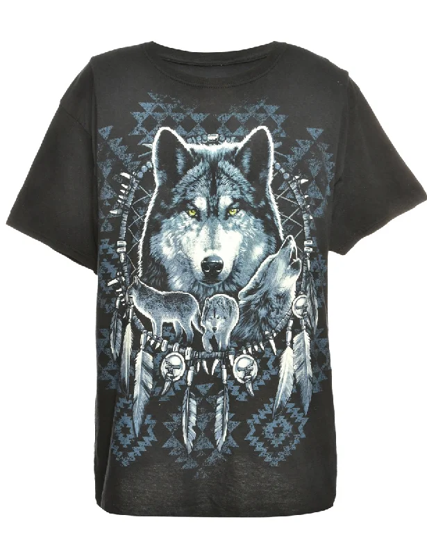 Exclusive Deal Wolf Print Black Animal T-shirt - M