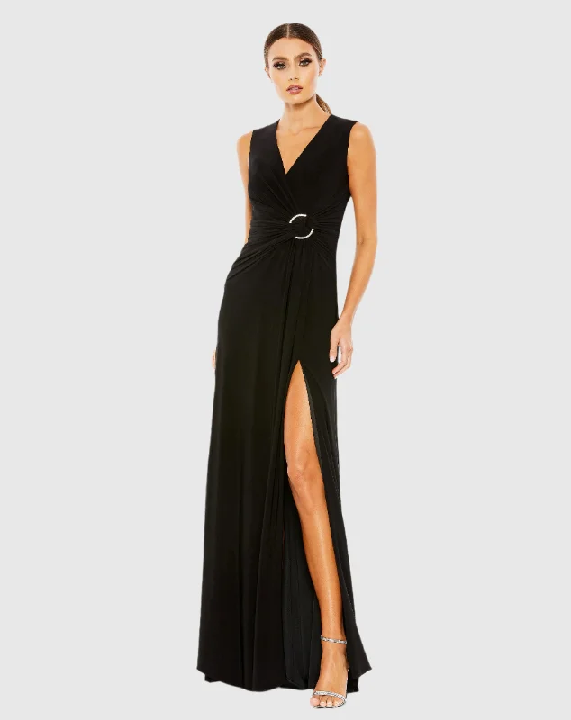 Deal Dash Draped Side Knot Jersey Gown w/ Rhinestone Ring