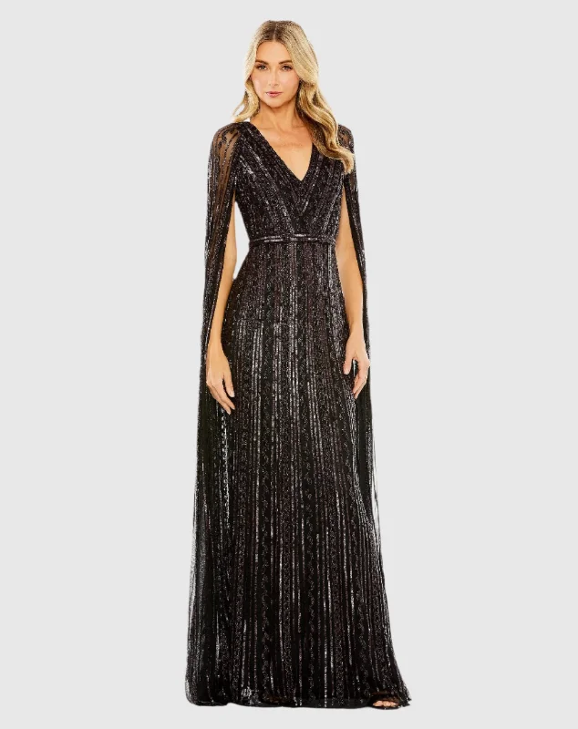 New Markdowns Black Sequined V-Neck Gown with Cape Sleeves