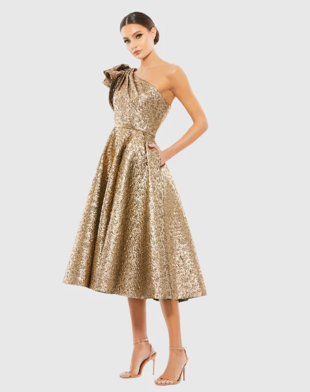 Bonus Savings Bronze One Shoulder Bow Midi Dress