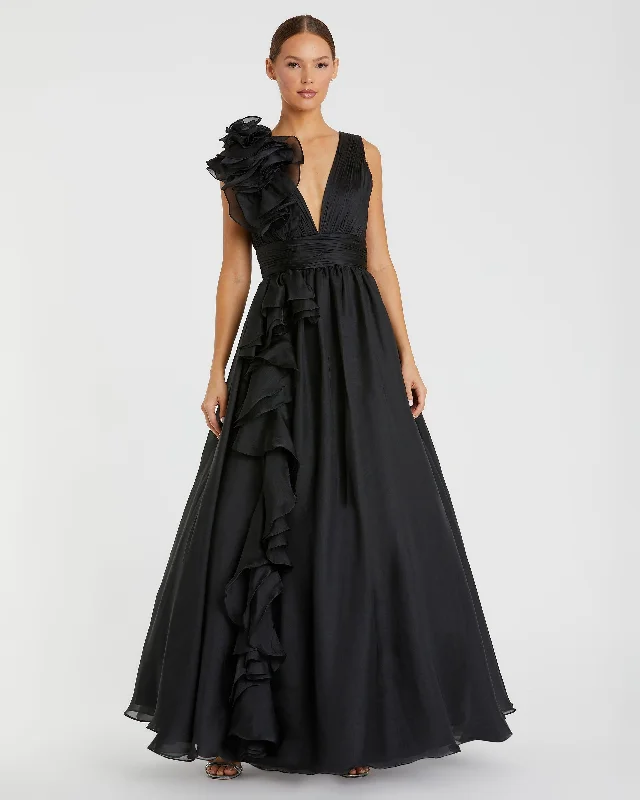 Hot Deal Black Ruffle Shoulder V-Neck Chiffon Gown