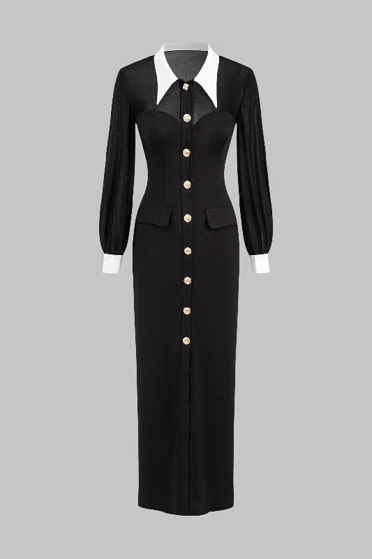 Big Discounts Ruched Patchwork Mesh Button Pocket Long Sleeve Maxi Dress
