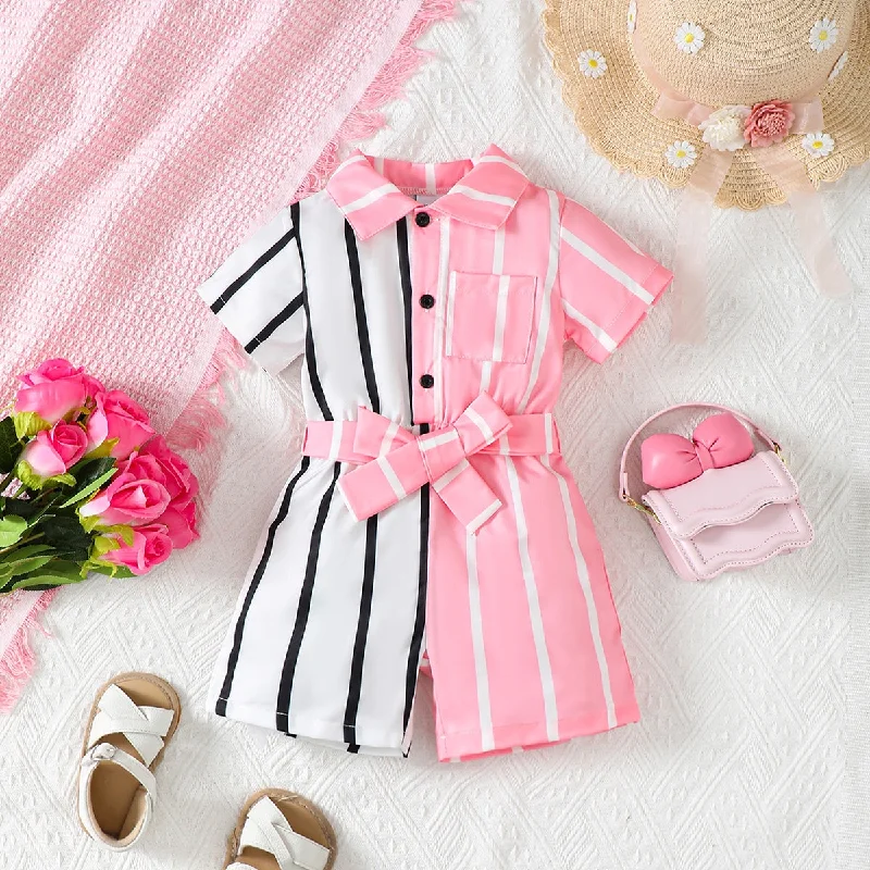 Weekend Deal Striped Two-Tone Short Sleeve Tie Waist Romper