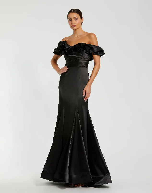 Great Deals Black Satin Ruffle Off the Shoulder Mermaid Gown