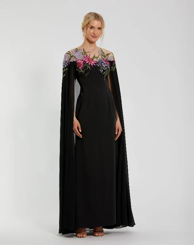 Weekend Flash Sale Black Sheer Cape Gown with Beaded Embroidery