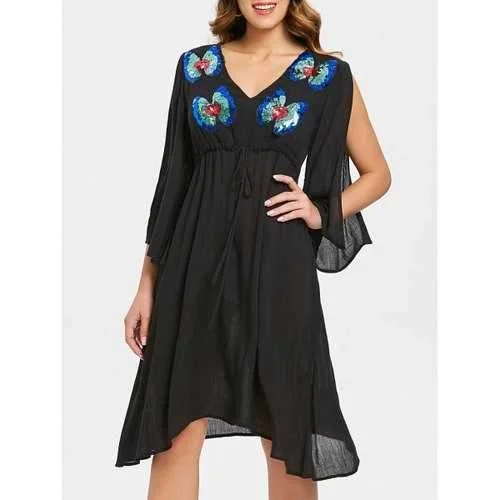 Hot Deal Butterflies Sequined Split Sleeve Chiffon Dress - Black 2xl