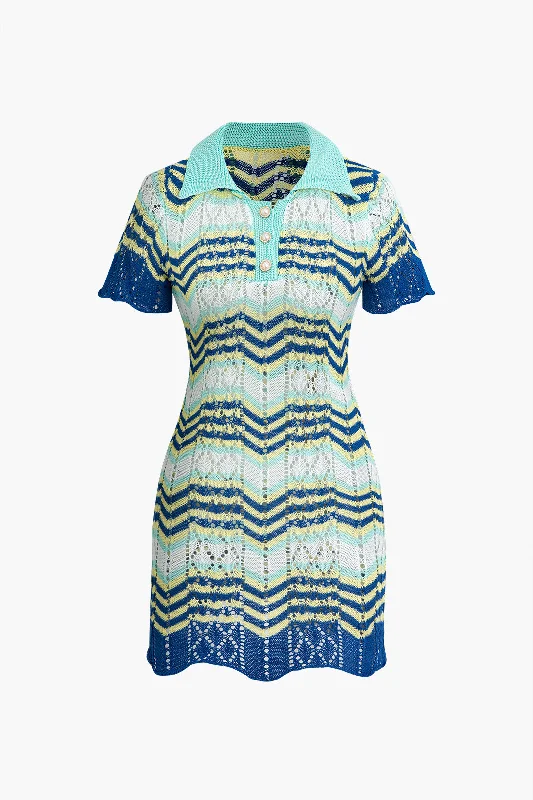 Today Only Color Block Crochet Polo Collar Short Sleeve Mini Dress