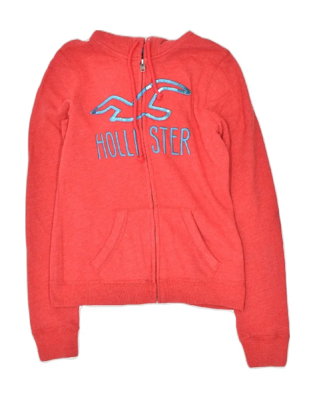 Year-End Sale HOLLISTER Womens Graphic Zip Hoodie Sweater UK 10 Small Red Cotton