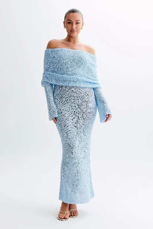Closeout Marisol Off Shoulder Boucle Maxi Dress - Light Blue