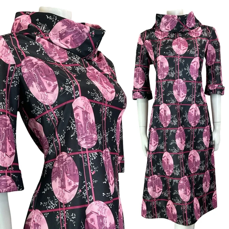 Members Only VTG 70S COWL NECK WATERWHEEL COTTAGE MOTIF BLACK PINK MIDI DRESS SIZE 14