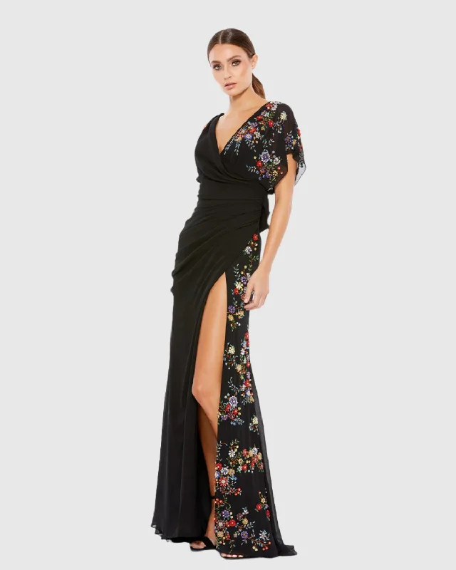 New Deals Faux Wrap Multi Colored Beaded Floral Gown