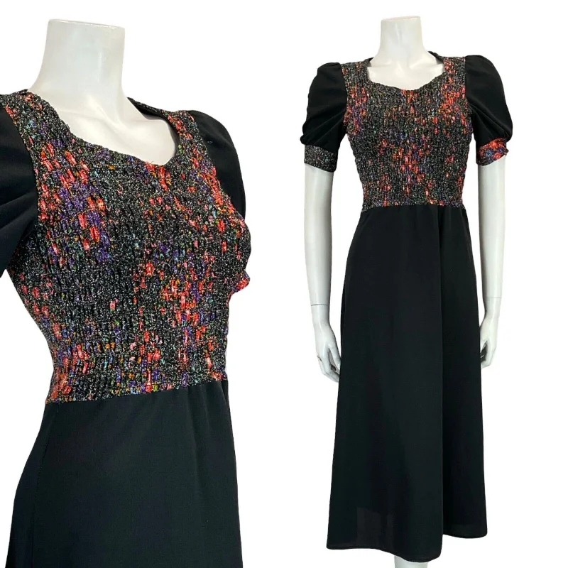 Final Markdown VTG 60S 70S PUFF SLEEVE SWEETHEART NECKLINE ELASTICATED LUREX FLORAL DRESS 6