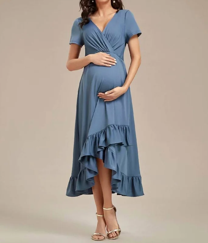 Huge Discounts High Low Ruffles Maternity Dress In Dusty Navy