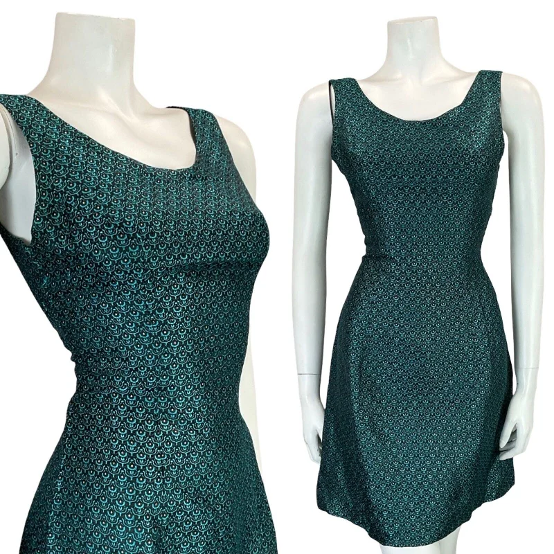 Can't Be Beat VTG 60S TEAL BLUE BLACK ART DECO BROADE EVENING PARTY MINI DRESS SIZE 10