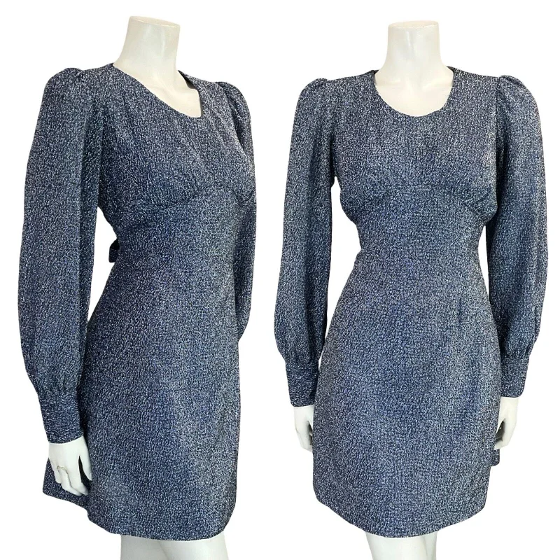 Price Reduction VTG 70S DISCO BLUE LUREX BISHOP SLEEVE TIE WAIST PARTY GLITTERY DRESS SIZE 6 8