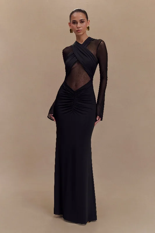 Deal Explosion Tania Slinky And Mesh Long Sleeve Maxi Dress - Black