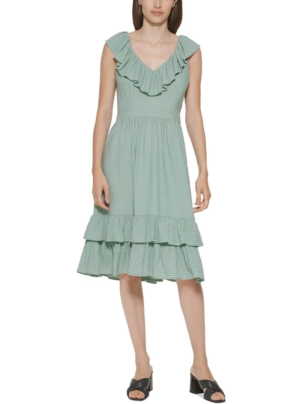 Referral Discount Womens Ruffled V Neck Midi Dress