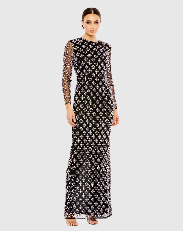 Midnight Sale Long Sleeve Hand Beaded Crystal Rhinestone Gown