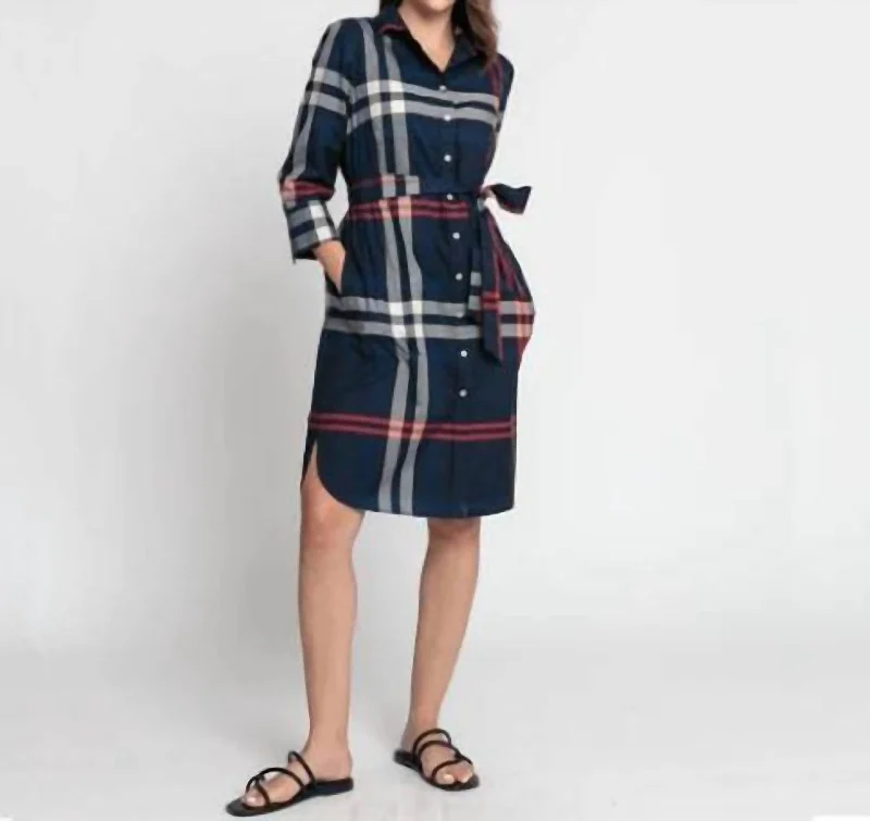 Blowout Sale Kathleen 3/4 Sleeve Stretch Cotton Poplin Dress In Navy Plaid