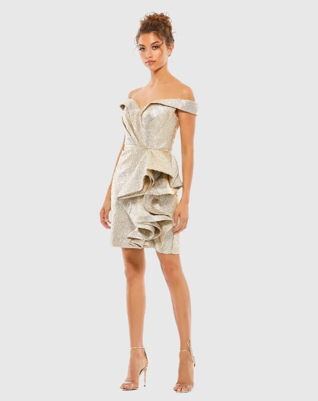 Savings Galore Metallic Off Shoulder Side Ruffle Mini Dress