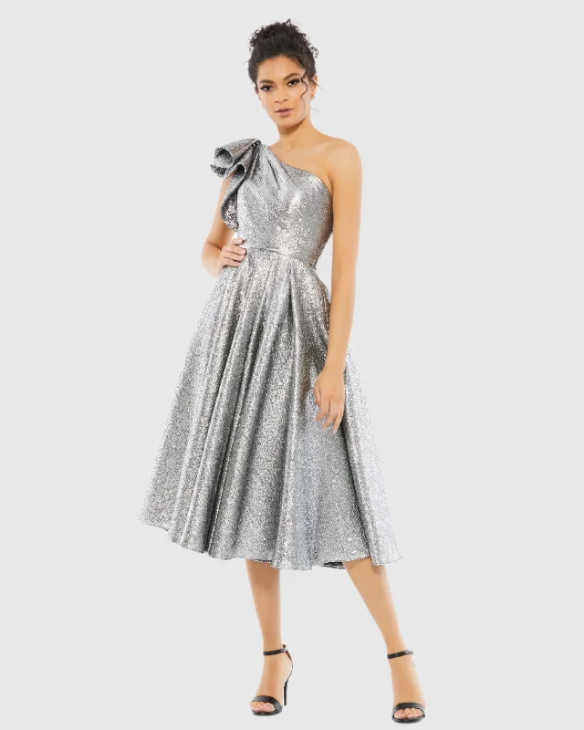 Deep Discounts Silver One Shoulder Bow Midi Dress
