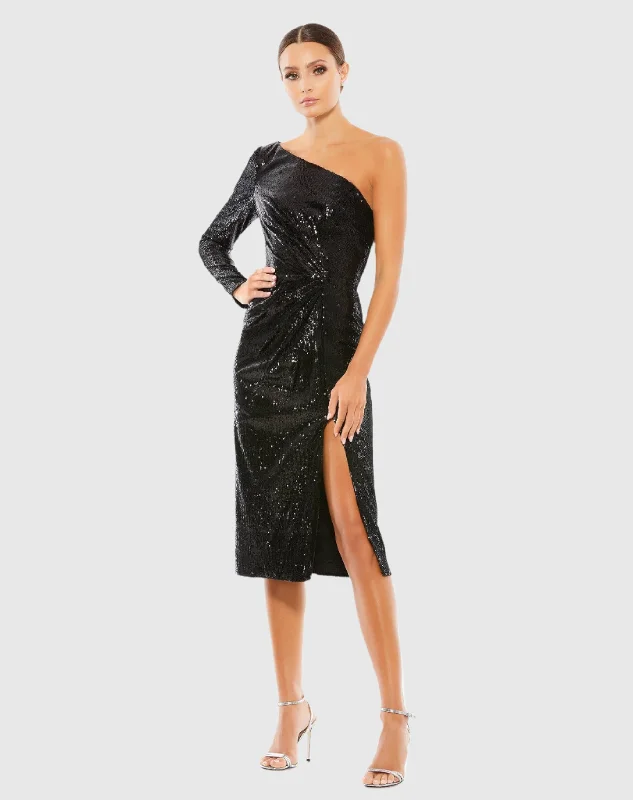 Instant Discount Ruched Sequined One Shoulder Midi Dress
