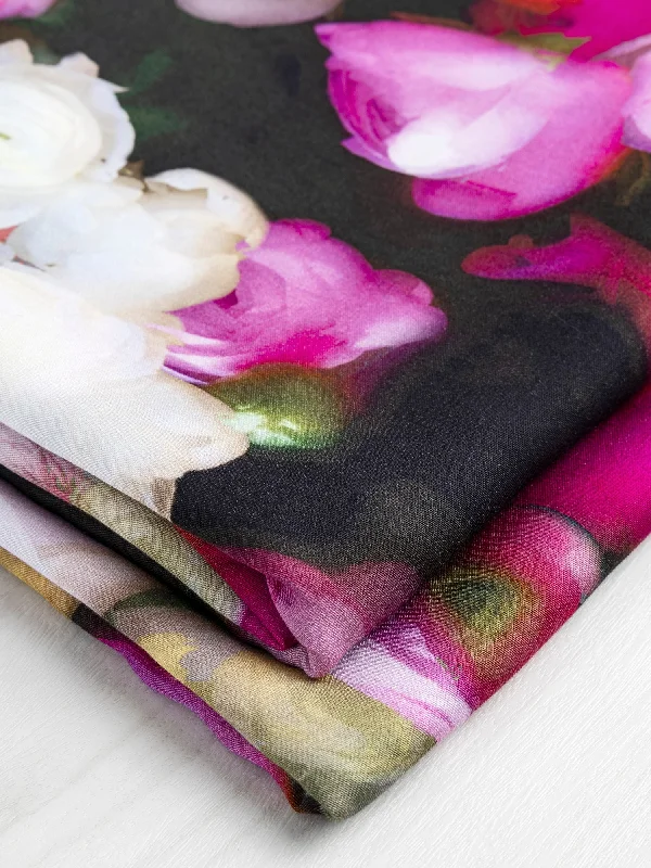 Special Savings Dreamy Peony Print EcoVero Challis - Dark Green + Rose + Cream