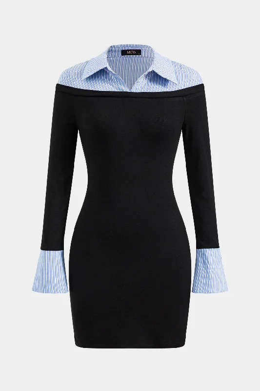 Last Chance Stripes Print Patchwork Long Sleeve Mini Dress